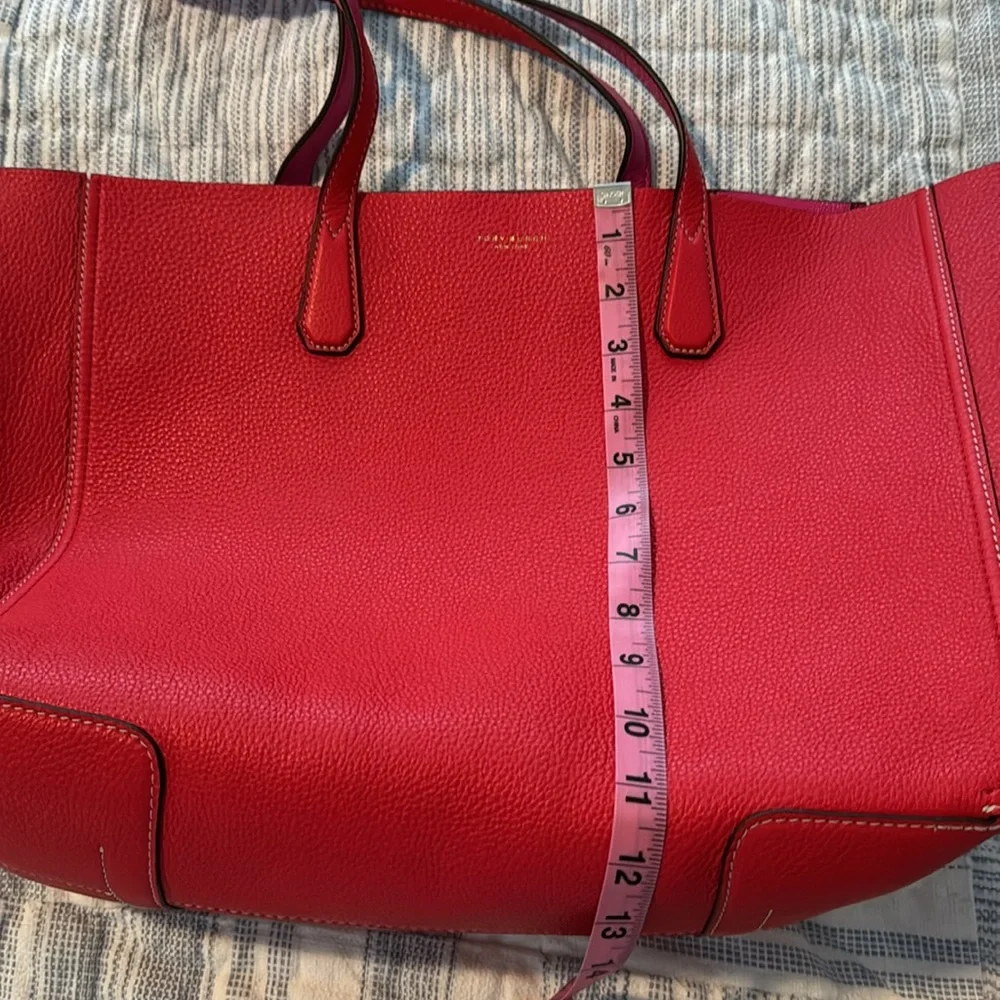 Tory Burch Large Brilliant Red/Crazy Pink Leather Pebbled Tote - Picture 7 of 12